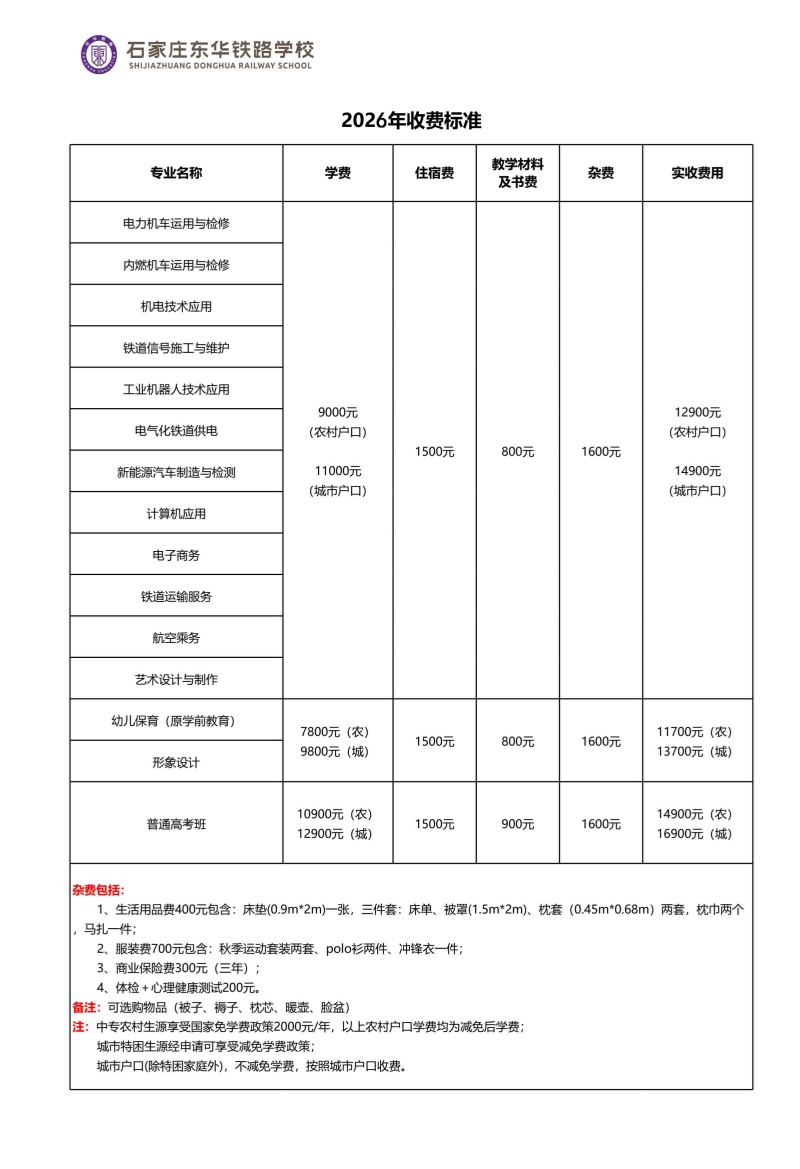 石家莊東華鐵路學校2026年秋季招生學費多少錢？有資助政策嗎？